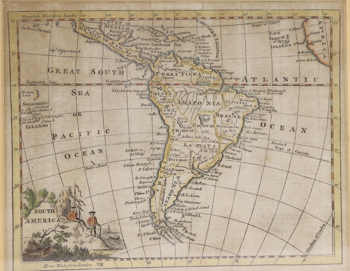 An 18th century hand coloured engraving, Map of South America, 19 x 24cm
